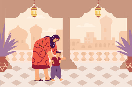 Vector illustration a happy mother in a hijab, who teaches her little son to walk.のイラスト素材