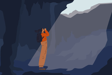 Vector illustration of a woman in a cave, lost and screaming for help.のイラスト素材