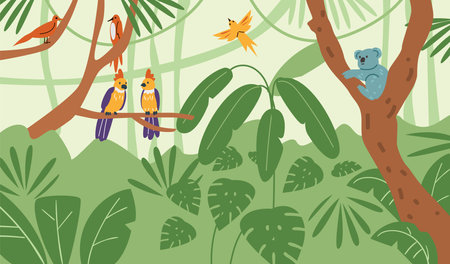 Vector illustration of a vibrant jungle with vines, trees, koala and colorful birds and parrots.のイラスト素材