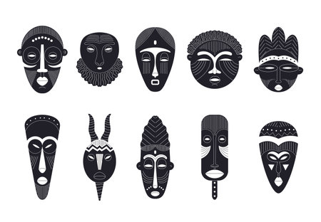 Tribal mask black line art icons set, African carved wooden mask with ornament, vector outline ethnic aboriginal faceのイラスト素材