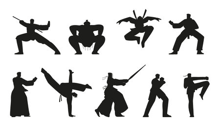 Vector set of Japanese martial arts characters silhouettes on isolated background.のイラスト素材