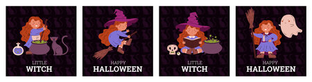 Halloween themed posters featuring a cute red-haired witch girl.のイラスト素材