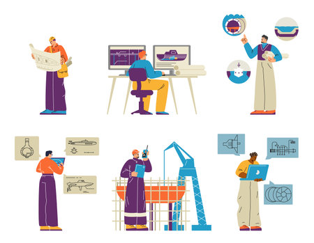 A set of vector illustrations featuring shipbuilders designing marine equipment.のイラスト素材