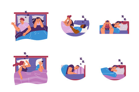 Snoring, insomnia, bad sleep vector set concept, annoyed person suffering from insomnia because of snoring husband, wifeのイラスト素材