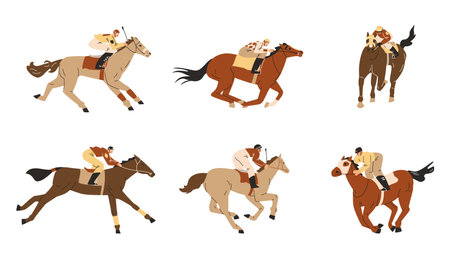 Horse racing vector set, jockey sprinting on a brown horse, hippodrome sport competition, cartoon equine championshipのイラスト素材