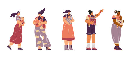 Mothers with child in baby carrier vector flat set, young happy multiracial female parents with infant, toddler in slingのイラスト素材