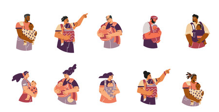 Vector set: Parents with newborns in slings. Isolated background.のイラスト素材