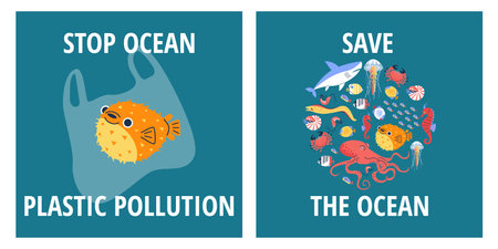 Save the ocean, Stop ocean plastic pollution agitational posters set, marine wildlife fauna, underwater animals, ecologyのイラスト素材