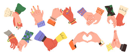 Couple in love hold hands, hand shake, touch palms, heart shape gesture vector icon set, romantic symbol, unity sympathyのイラスト素材