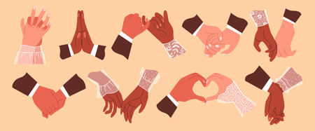 Vector illustration of a set of couple hand gestures in flat style.のイラスト素材