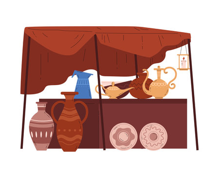 Oriental bazaar. Souk trade tent with handmade pottery antiques, vector Eastern marketplace awning with vases, plate jugのイラスト素材