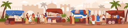 Oriental bazaar, Eastern market trade souk tent with handmade carpets, jewelry, pottery and spices vector illustrationのイラスト素材