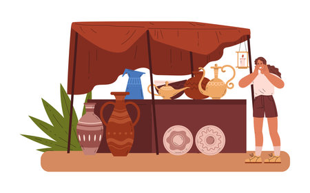 Oriental bazaar, souk trade tent with Eastern handmade pottery, vases, jugs, female tourist looking for seller vectorのイラスト素材
