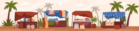 Vector illustration of an oriental market with tents displaying fruits, spices, ceramics, carpets, decorationsのイラスト素材