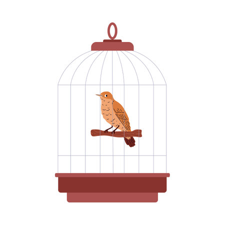 Vector image of a small brown nightingale in a cage isolated on a white background.のイラスト素材
