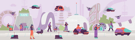 Illustration of smart city of the future with characters, buildings, flying machinery and robots.のイラスト素材