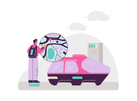 Vector illustration guy looking at a map projection next to a car of the futureのイラスト素材
