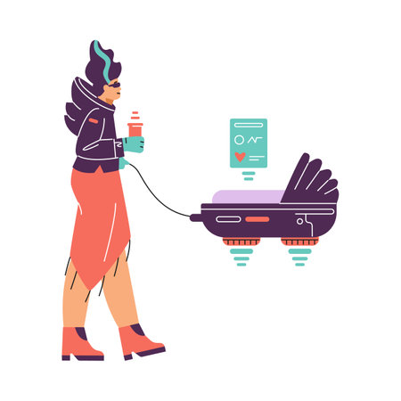Futuristic woman walking with smart baby stroller, vector soaring pram with baby vital sensors, robotic care assistantのイラスト素材