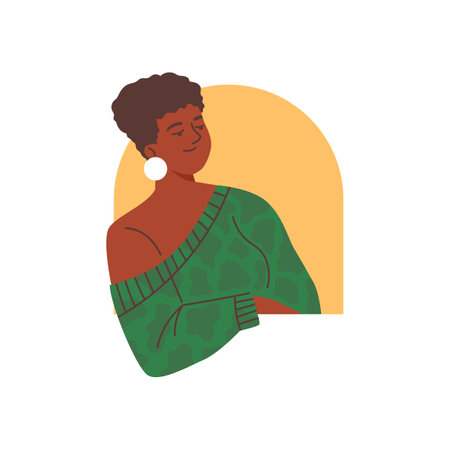 Vector illustration of a dark skinned woman peeping over a semicircular yellow hole.のイラスト素材