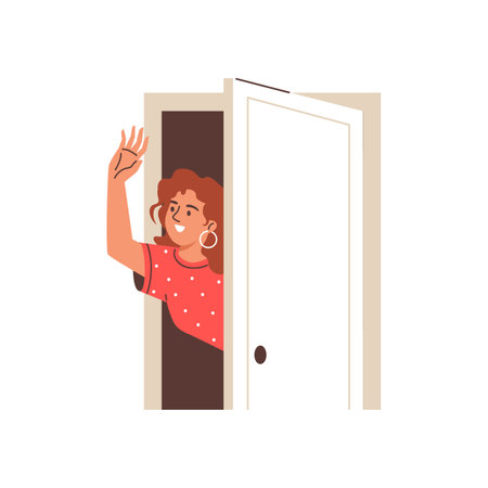 Vector illustration a young girl looking out of an open door and waving her handのイラスト素材