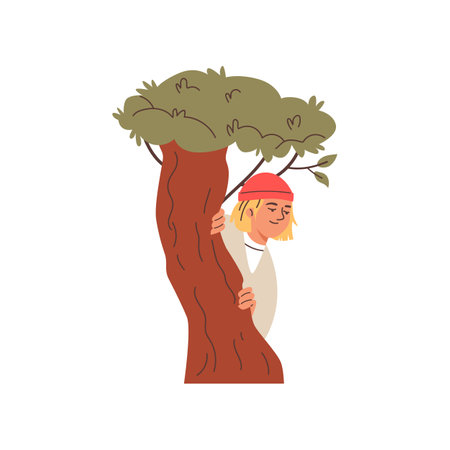 Man looks out, watches and hides behind a tree.のイラスト素材
