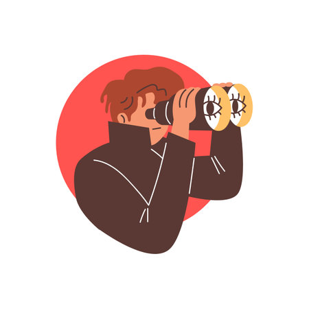 Man looking through binoculars, peeking out of red circle frame, vector person spying, monitoring and searching, peepingのイラスト素材