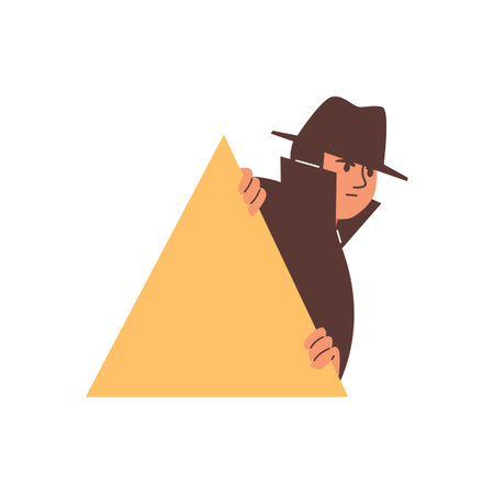 Vector illustration a focused young man in a hat and raincoat peeking around the corner.のイラスト素材