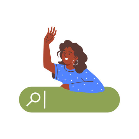 Woman peeking and greeting out of bar in web browser, vector search bar with magnifying glass surfing information onlineのイラスト素材
