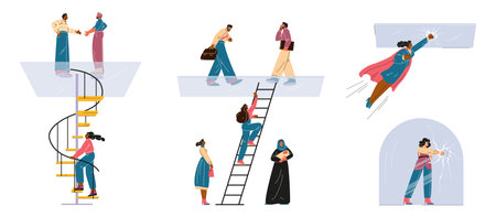 Set of illustrations of women breaking glass ceiling and climbing ladder where men stand.のイラスト素材