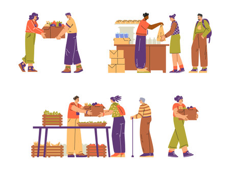 Food sharing. Volunteers give food to people in need.のイラスト素材