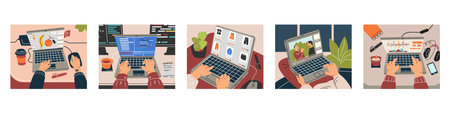 Hands typing on laptops vector illustration setのイラスト素材