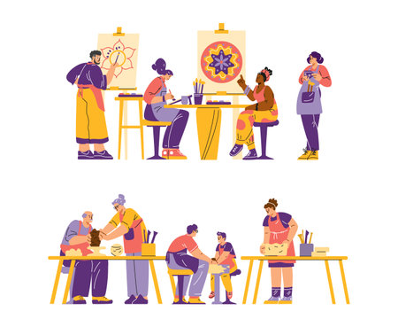 Vector illustration with sculpture and painting teachers who help adults work with clay and paintsのイラスト素材