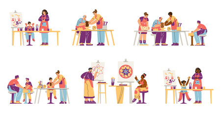 A vector set showing art therapy classes where teachers help adults and children practice artのイラスト素材