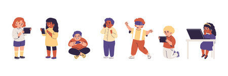 Vector illustration of a set of children of different genders with digital gadgets.のイラスト素材