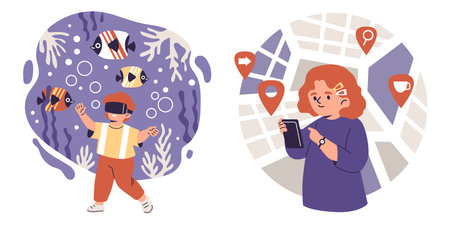 Vector illustration a boy wearing virtual reality glasses and a girl who uses navigationのイラスト素材