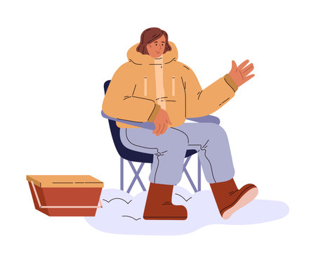 A winter vector scene with a young girl on a folding chair waving her handのイラスト素材