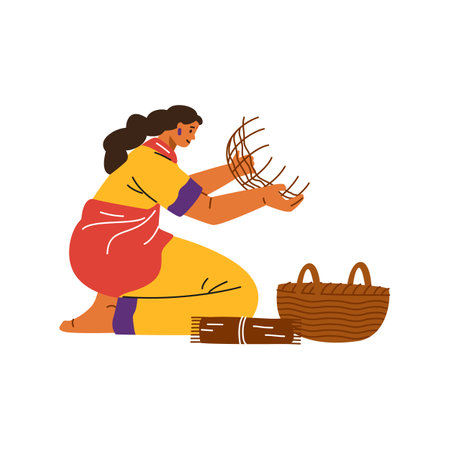 Vector illustration of an Indian woman in a sari weaving a handmade bamboo basket.のイラスト素材