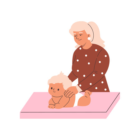 Vector graphics with nurse giving a massage to a baby lying on its stomachのイラスト素材