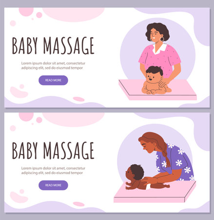 Woman nurse therapist making massage to baby, newborn health care therapy service vector advertising landing pages setのイラスト素材
