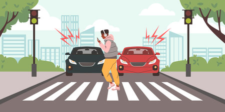 Vector illustration young guy, who, distracted by his phone cars are driving near the speedのイラスト素材