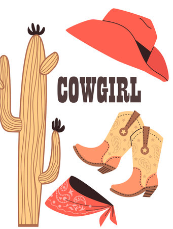 Cowgirl card or poster for western themed party, flat vector illustration.のイラスト素材