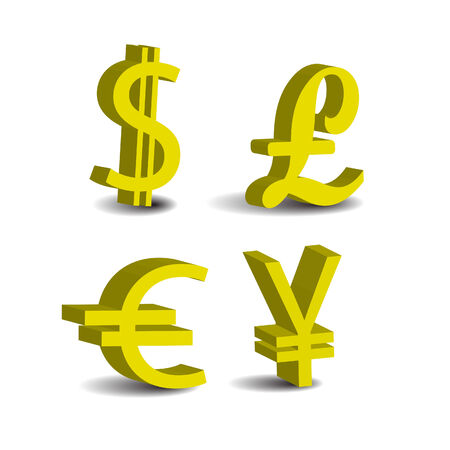 Set of 4 currency 3d symbols. USD, Pound, Euro; Yen のイラスト素材