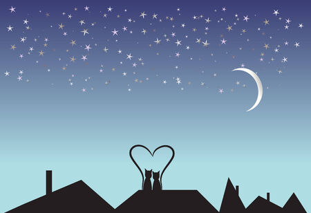 two cats sitting on the roof in the evening のイラスト素材