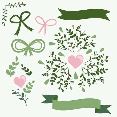 Floral collection. Set of vintage flowers and ribbonsのイラスト素材