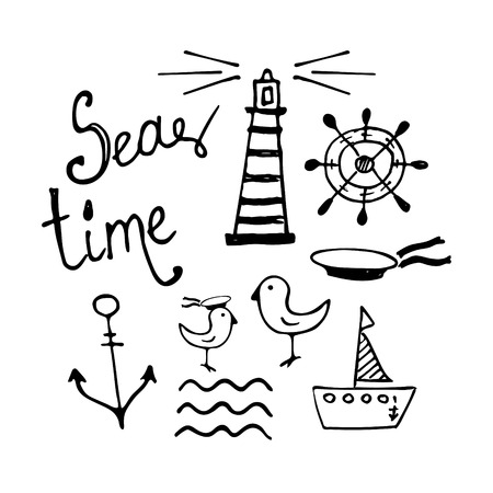 Sea and Boat  Hand-drawn Doodles isolated on whiteのイラスト素材