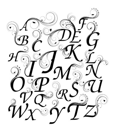 Vintage floral alphabet with curly design elements isolated on whiteのイラスト素材