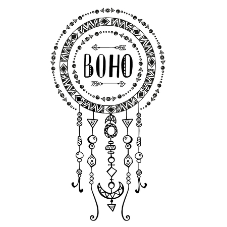 Hand drawn sign in boho style with arrows and beads. Vector illustration isolated on white.のイラスト素材