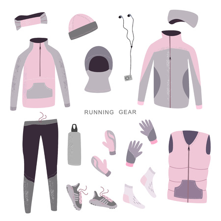 Winter running gear. Set of womens winter clothes and accessories for running. Vector hand drawn illustration.のイラスト素材