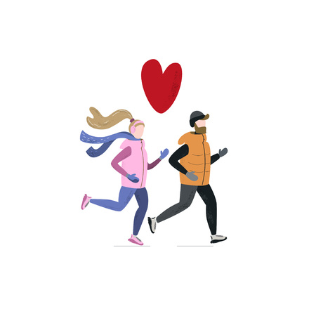 Young woman and man running together in winter cold season wearing winter running clothes. Handdrawn vector illustrationのイラスト素材