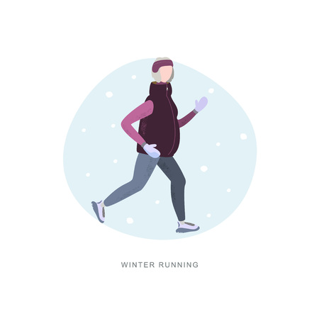 Old woman running in winter cold season wearing winter running clothes. Handdrawn vector illustrationのイラスト素材